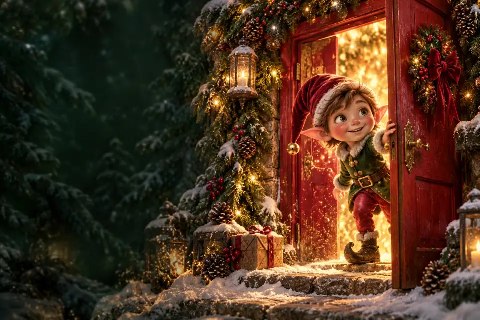 A friendly elf opening a magical advent door in the snow